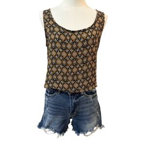Earthbound Trading Co Medallion Print Crop Tank‎ Top Black Gold S Boho Festival